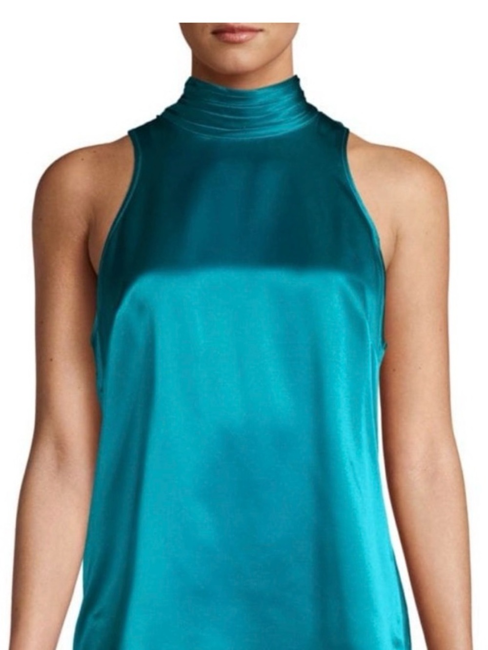 cinq a sept Teal Satin High-Neck Sleeveless Top